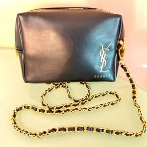 YSL Beaute Yves Saint Laurent Pouch Cosmetic Bag Black Gold LOGO, Crossbody Bag